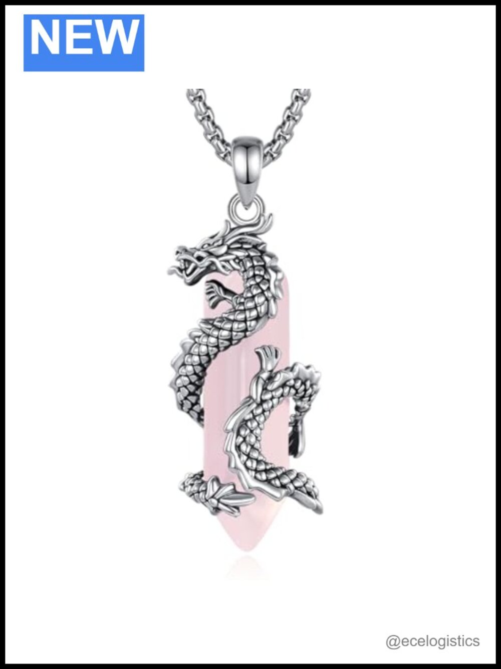 Rose Quartz Dragon Pendant Necklace Silver Plated Copper 24in Chain Women